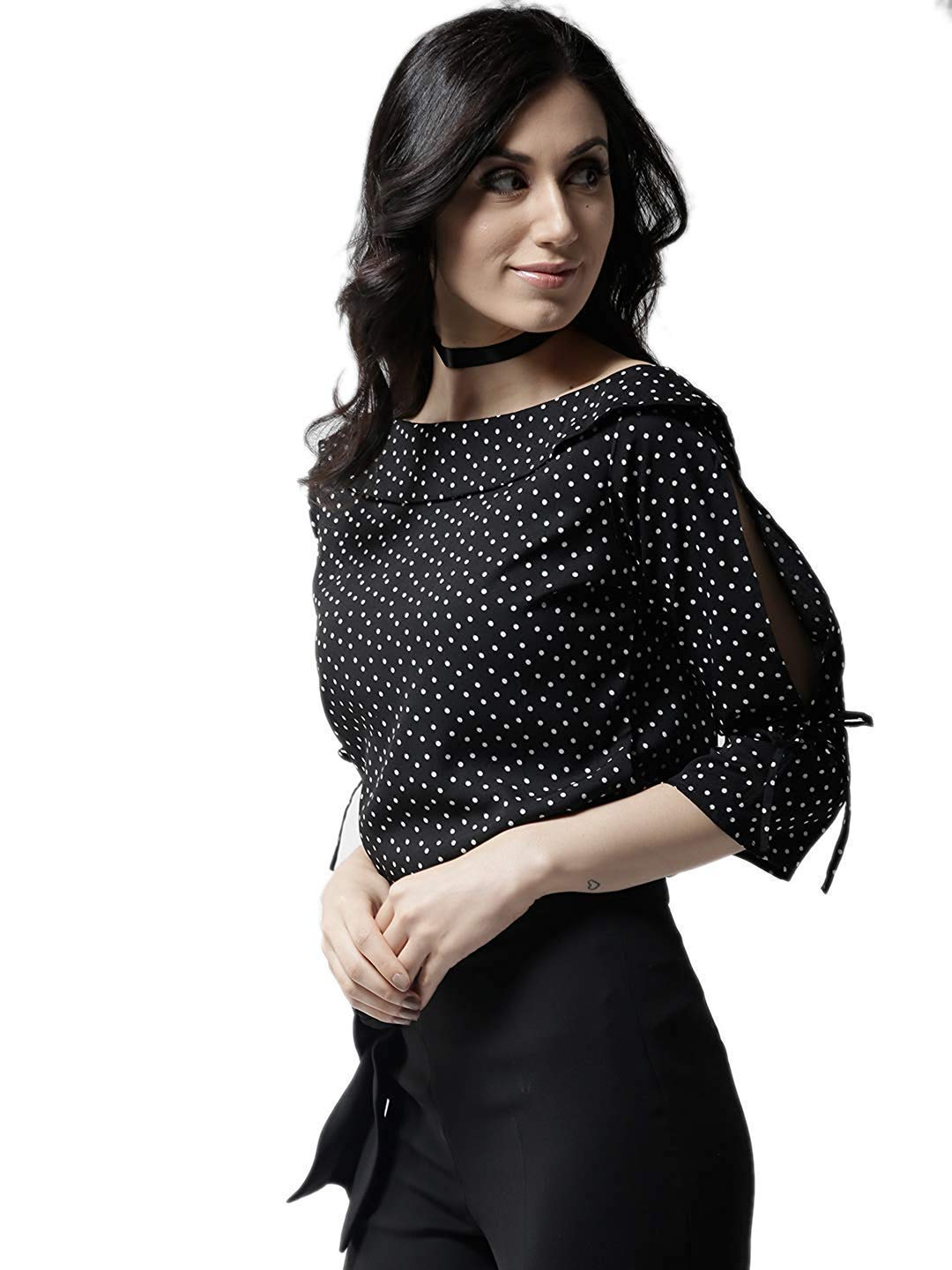 Style Quotient Women Black and White Polka Printed polycrepe Smart Casual top