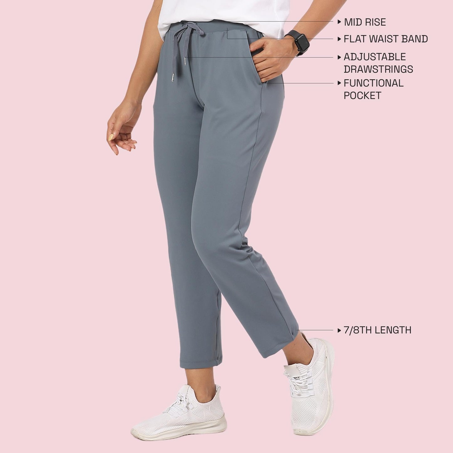 Enamor E068 Women Antimicrobial Mid Rise Relaxed Fit Active Travel Pants Cloud Grey