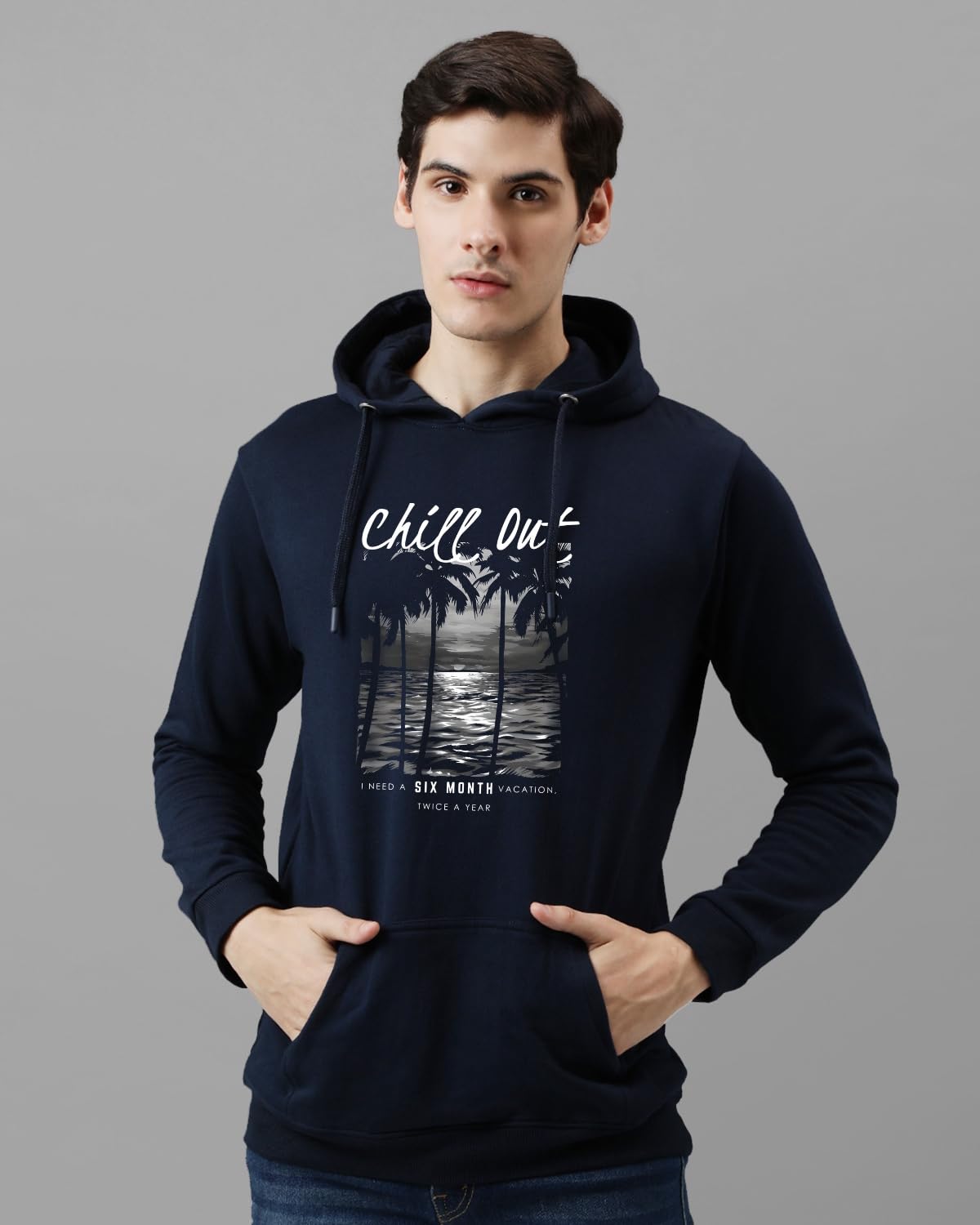 ADRO Men's Cotton Blend Neck Hooded Sweatshirt (H24-CHILL-NB_Navy Blue