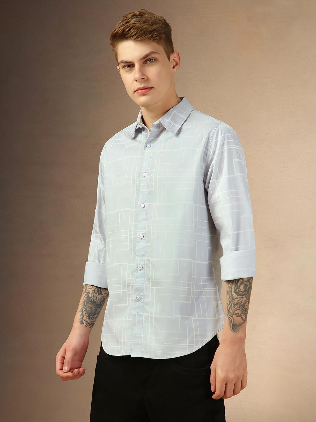 Dennis Lingo MenS Grey Full Sleeve Spread Collar Printed Regular Fit Casual Shirt