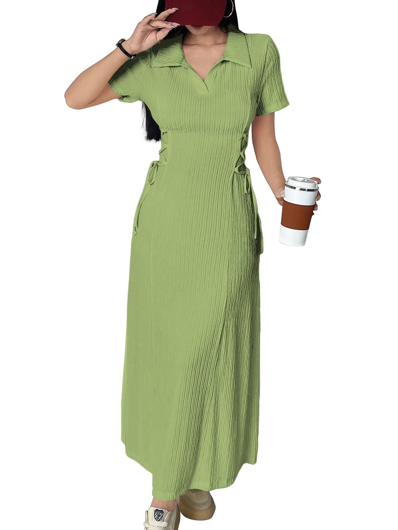 Shasmi Womens Green Solid Color Applique Lace-Up Collared Short Sleeve, Side-Tie Waist Long Casual Maxi Women Dress Outfit Long