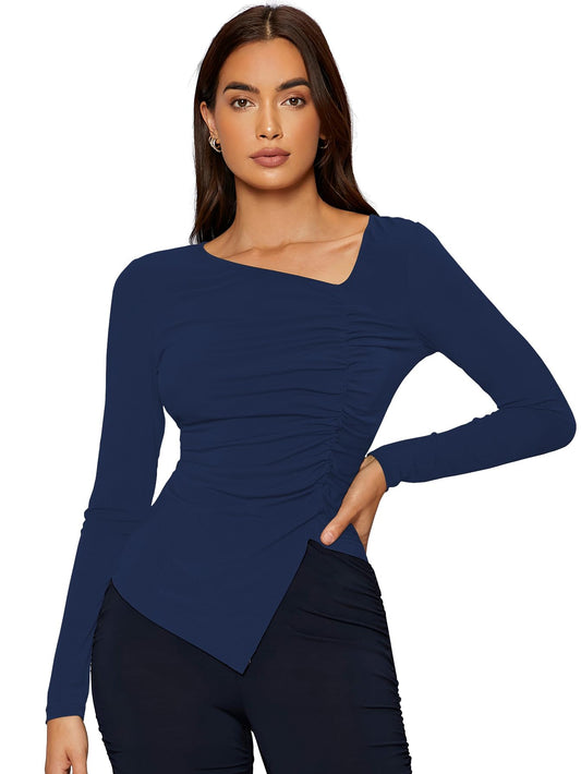 Shasmi Womens & Girls Magenta Long Sleeve Asymmetrical Neck Solid Color Ruched Front Asymmetrical Hem Tee Workwear Fancy Top,
