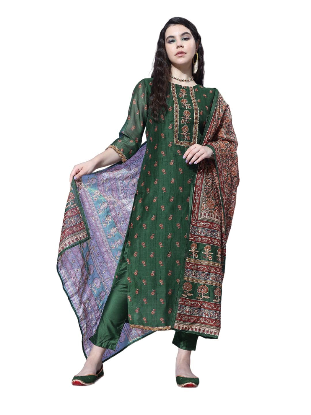 Varanga Womens Green Floral Printed Kurta with Tonal Bottom and Thread Embroidered Dupatta - Traditional Ethnic Wear for Women