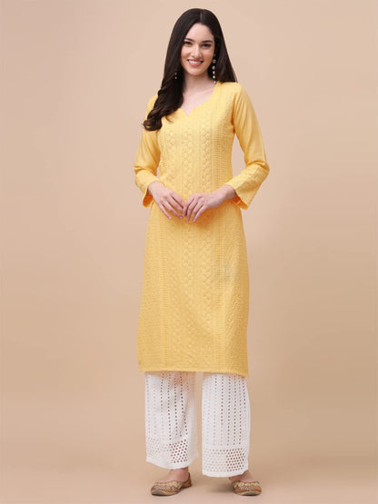 Gufrina WomenS Viscose Rayon Kurta & Palazzo Set With Notch Neck Chikankari Embroidery Work 3/4Th Sleeves Regular Fit And Calf