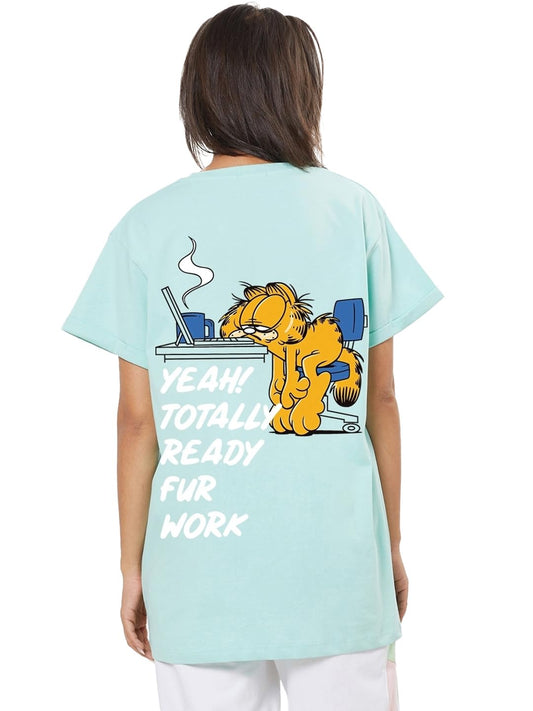 Bewakoof Official Garfield Merchandise Womens Graphic Print Boyfriend Fit Half Sleeve Round Neck Cotton T-Shirt_583191_Green_2X