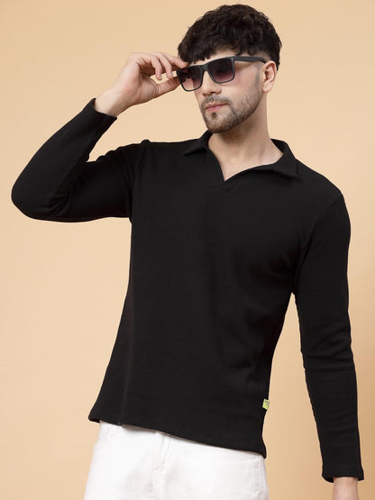 Rigo Printed Casual T-Shirts for Men | Waffle Knit Solid T-Shirt for Men | Full Sleeves T-Shirts for Men Black