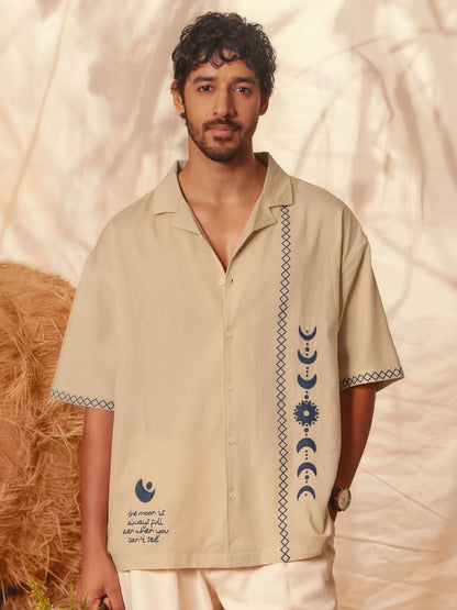 The Souled Store Bloom: Believe Men and Boys Short Sleeves Collared Neck Button Front Beige Embroidered Regular Fit Cotton Shirt