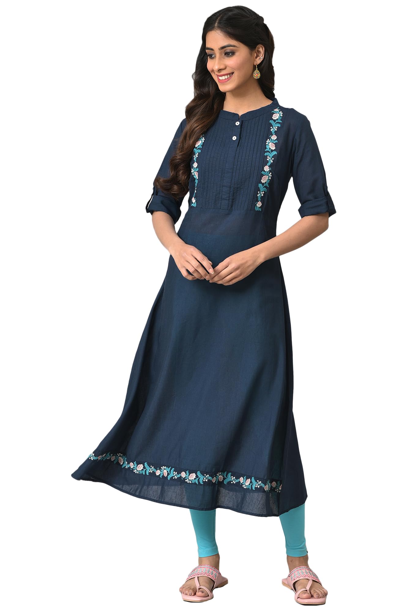 Aurelia Women's Cotton Blend Relaxed Fit A Line A-Line Solid Kurta in Band Collar