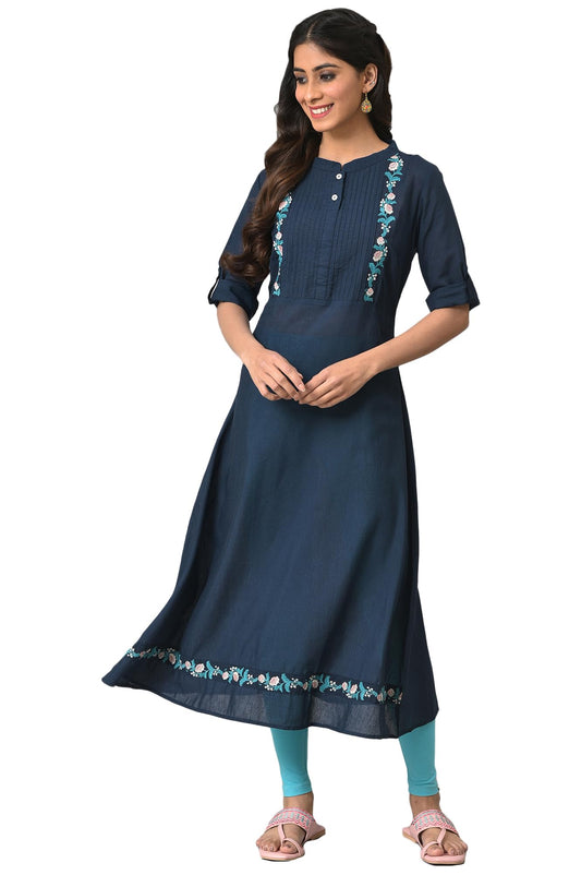 Aurelia Women's Cotton Blend Relaxed Fit A Line A-Line Solid Kurta in Band Collar