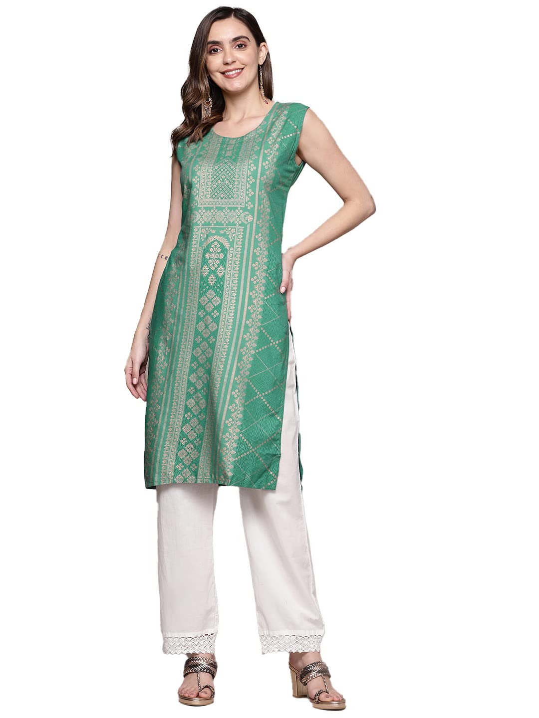 anubhutee Women's Rayon sea Green Foil Print Geometric Printed Straight Kurta