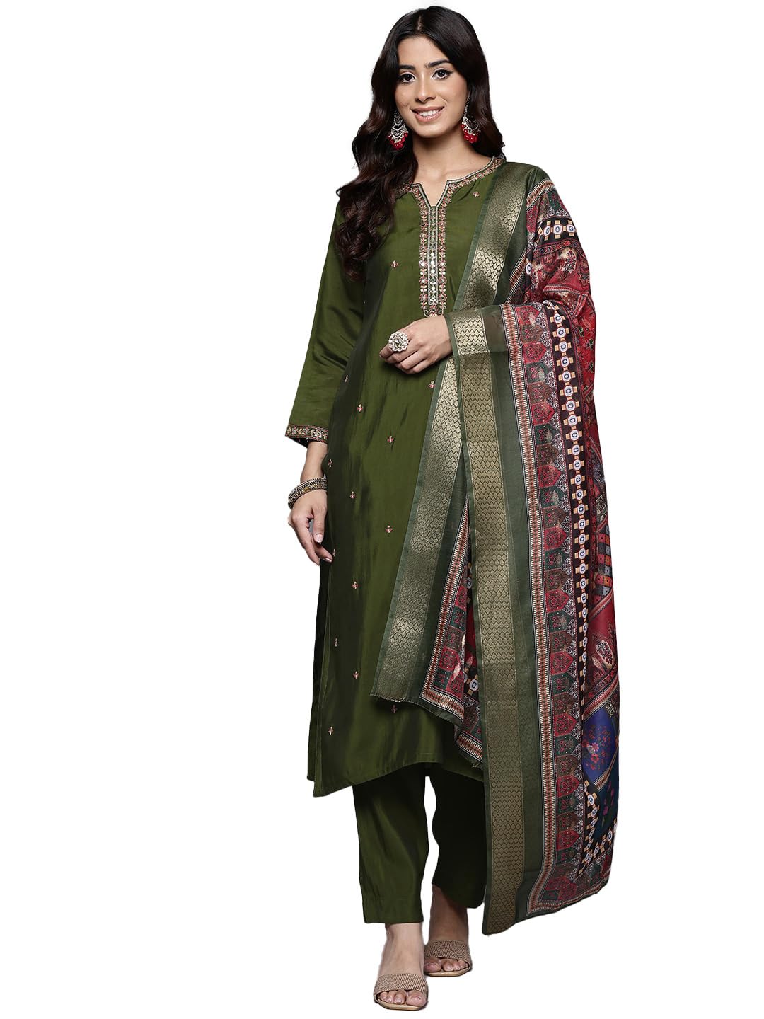 Varanga WomenS Silk Blend Kurta Set (Vskd32685_Olive