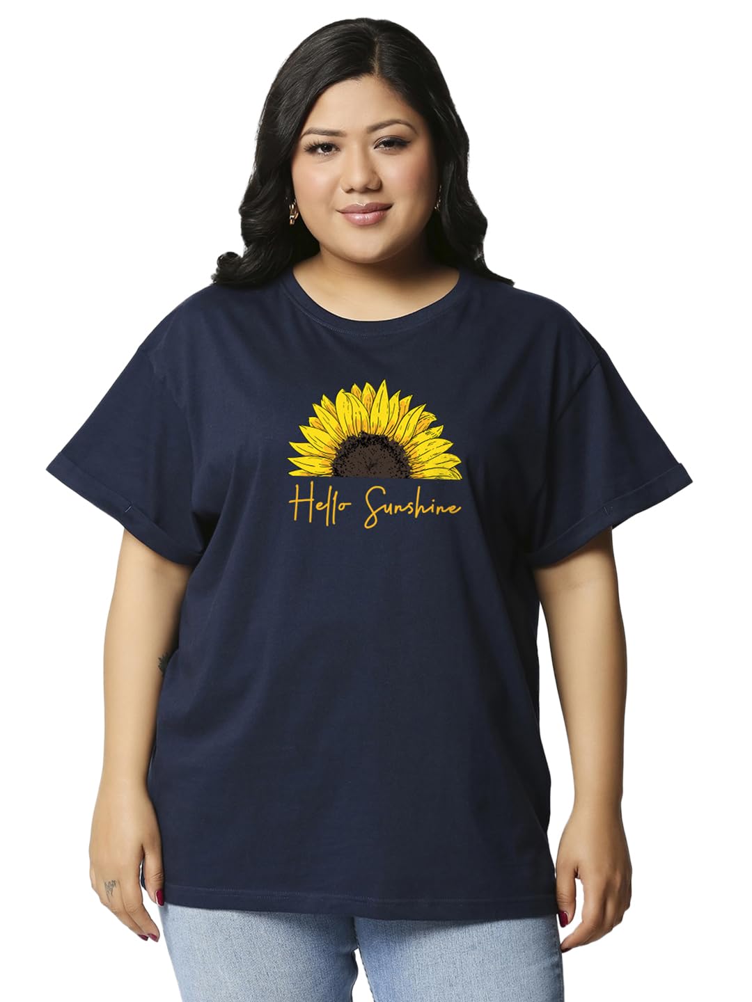 Bewakoof Womens Graphic Print Boyfriend Fit Half Sleeve Round Neck Cotton Plus Size T-Shirt_634118_Blue_4XL