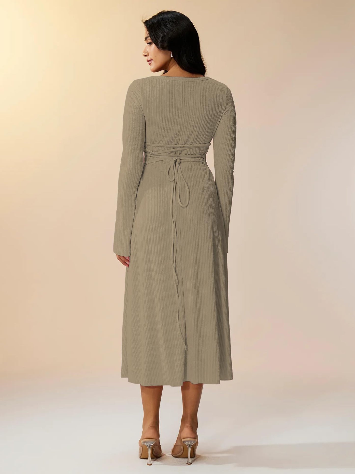Shasmi Womens Kiwi Square Neck A-Line Dress  Long Sleeve, Tie Waist, Knitted Stretchable, Casual & Office Outfit, Solid Winter M