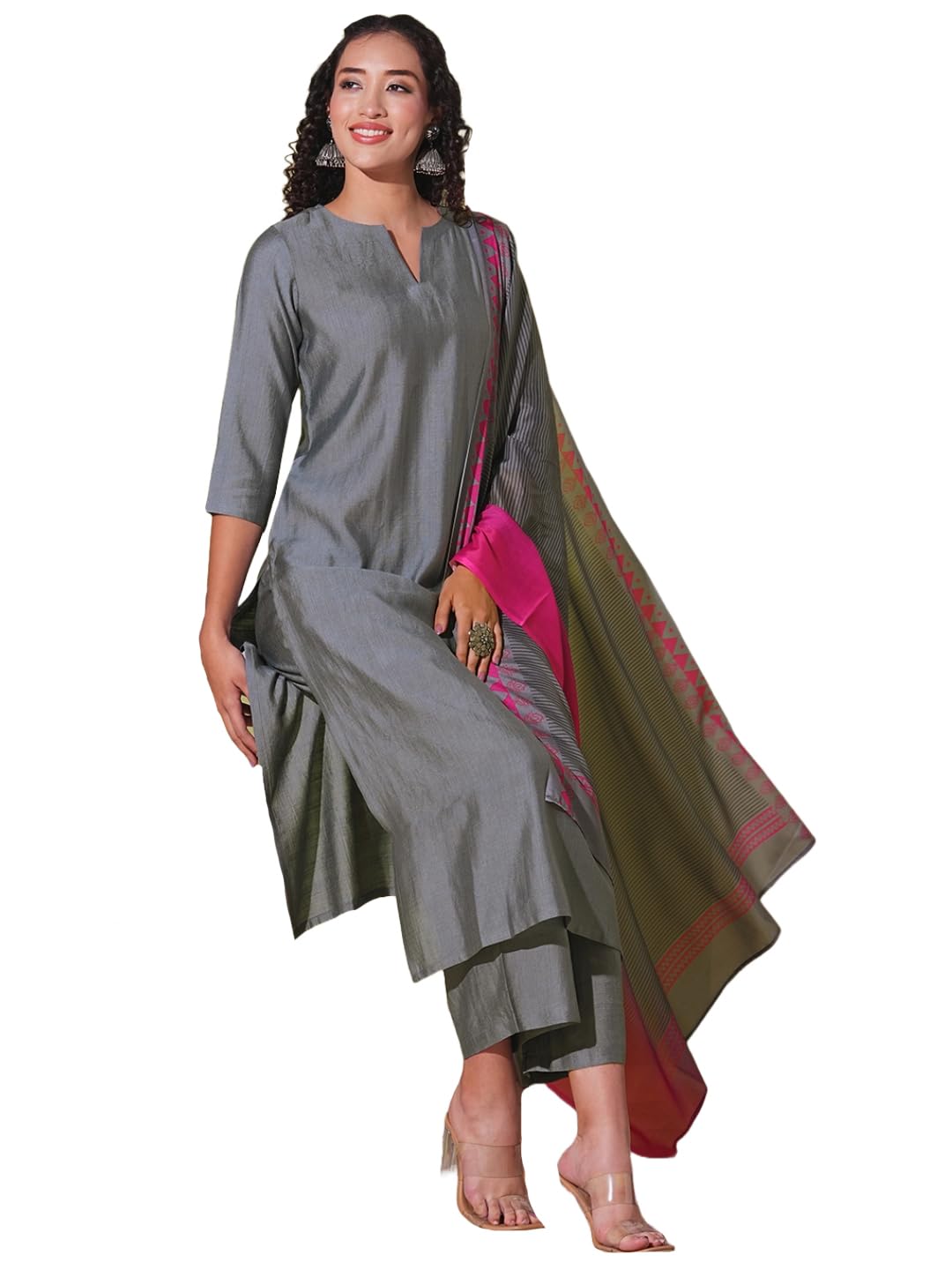 ANNI DESIGNER Women s Kurta with Trousers and Dupatta, grey, 50
