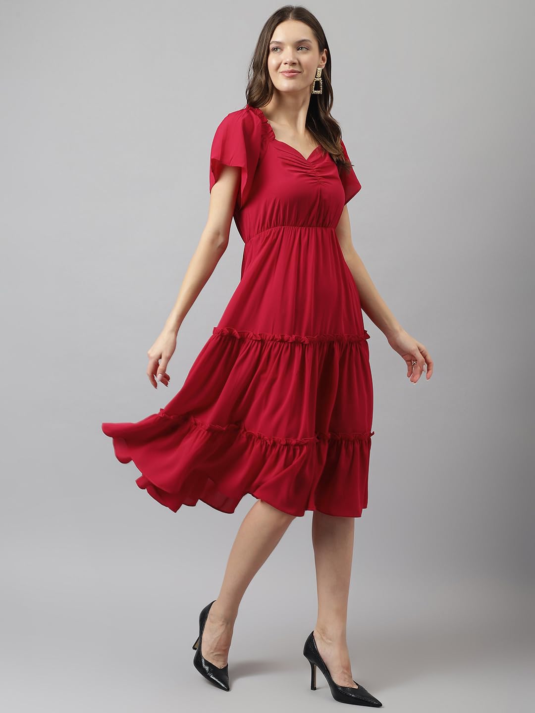 Toochki WomenS Red Rayon Solid Tiered Western Dress | Dress For Women | A Line | Anarkali Dress | Gown Dress | Western Dress |