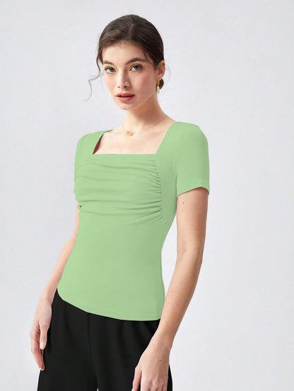 Shasmi Womens & Girls Light Green Womens Summer Square Neck Solid Color Ruched Tee Workwear Pleated Casual t-Shirt for Women