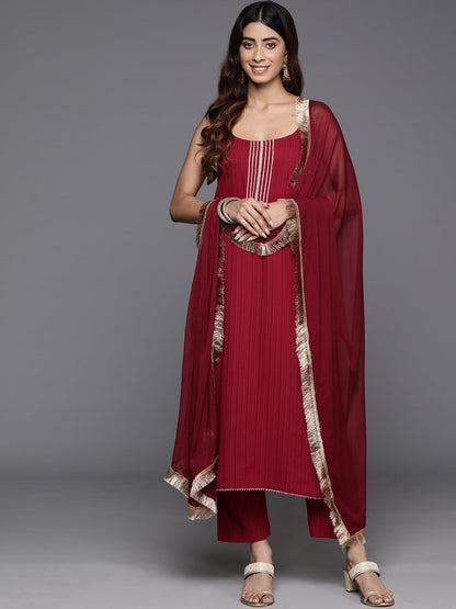 Varanga Women Maroon Round Neck, Spaghetti Strap Style Straight Kurta Paired With Tonal Bottom And Dupatta  Stylish & Comfortabl