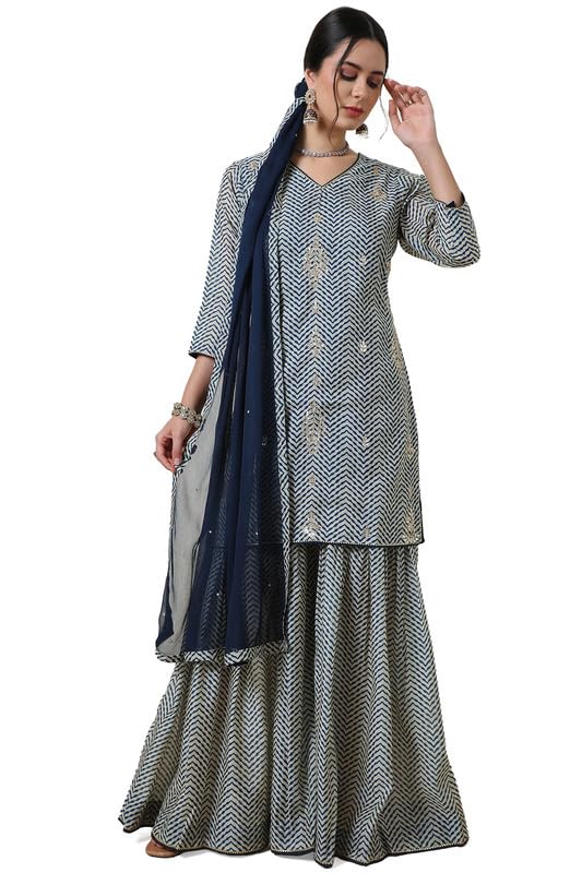 Soch Womens Blue Chanderi Abstract Print Suit Set With Gotta Patti