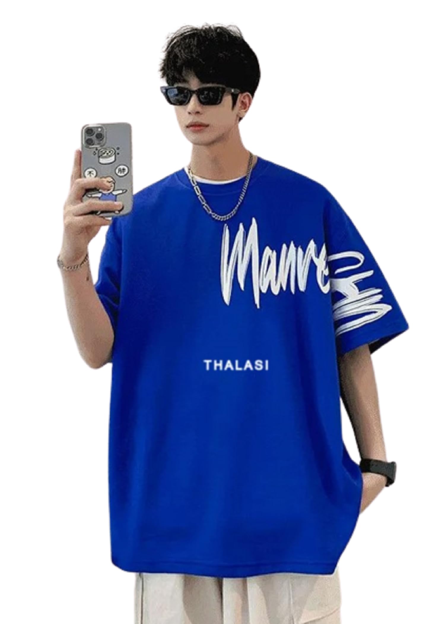 Thalasi Royal Blue Back Print Oversized T Shirts For Men - Down Shoulder Loose Fit Cotton T-Shirt- Stylish Blue T-Shirt For Men
