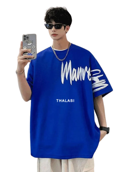 Thalasi Royal Blue Back Print Oversized T Shirts For Men - Down Shoulder Loose Fit Cotton T-Shirt- Stylish Blue T-Shirt For Men