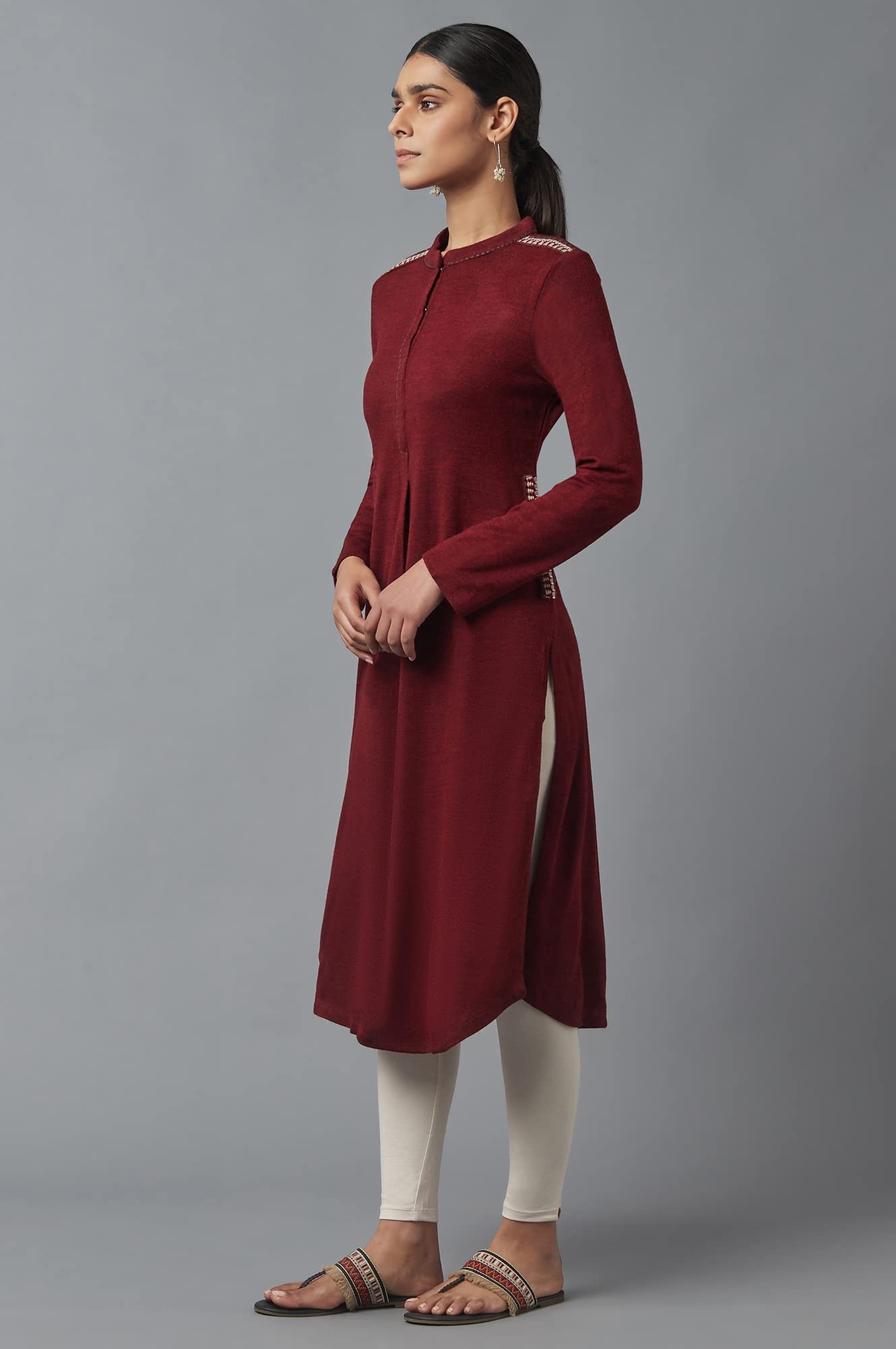 W for Woman Dark Grey Embroidered Winter Kurta
