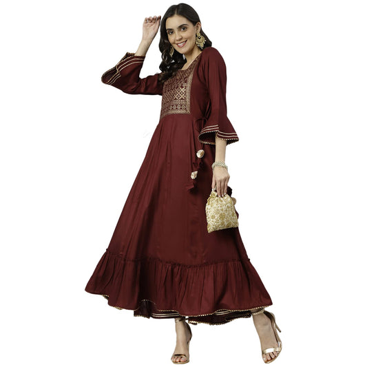 GoSriKi Women's Cotton Blend Anarkali Solid Kurta (Gheru_New-GO)