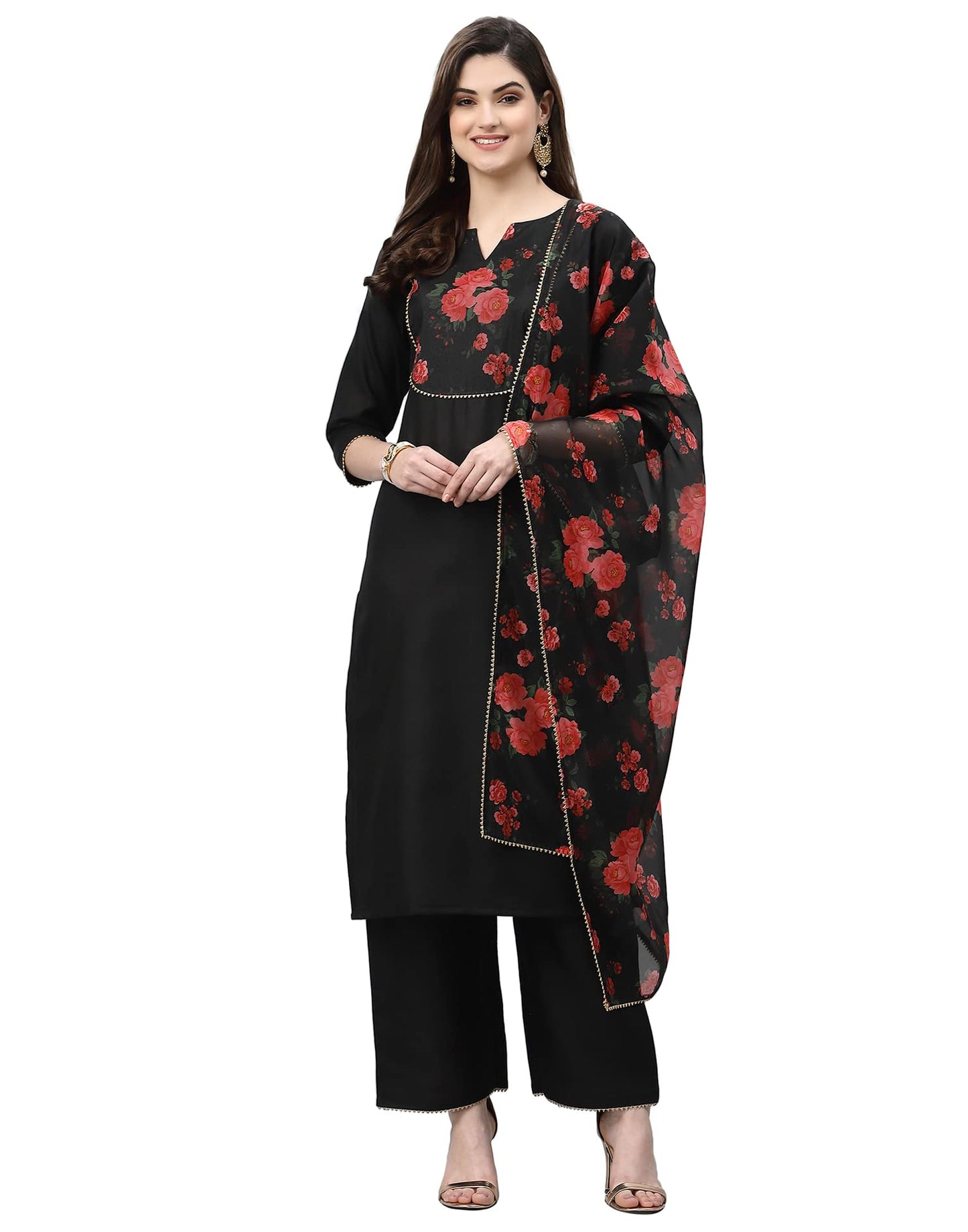Sanisa Organza Women's Hira Slub/Orgenza Digital Straight Kurta Set with Dupatta (4KBDN135-XL_Black)