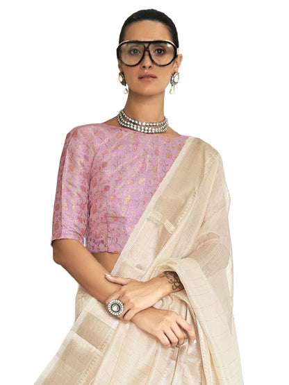 Madhuhansh Womens Soft Linen Saree With Unstitched Multicolor Paisley Blouse Piece Saree With Satin Border Comfortable Skin Frie