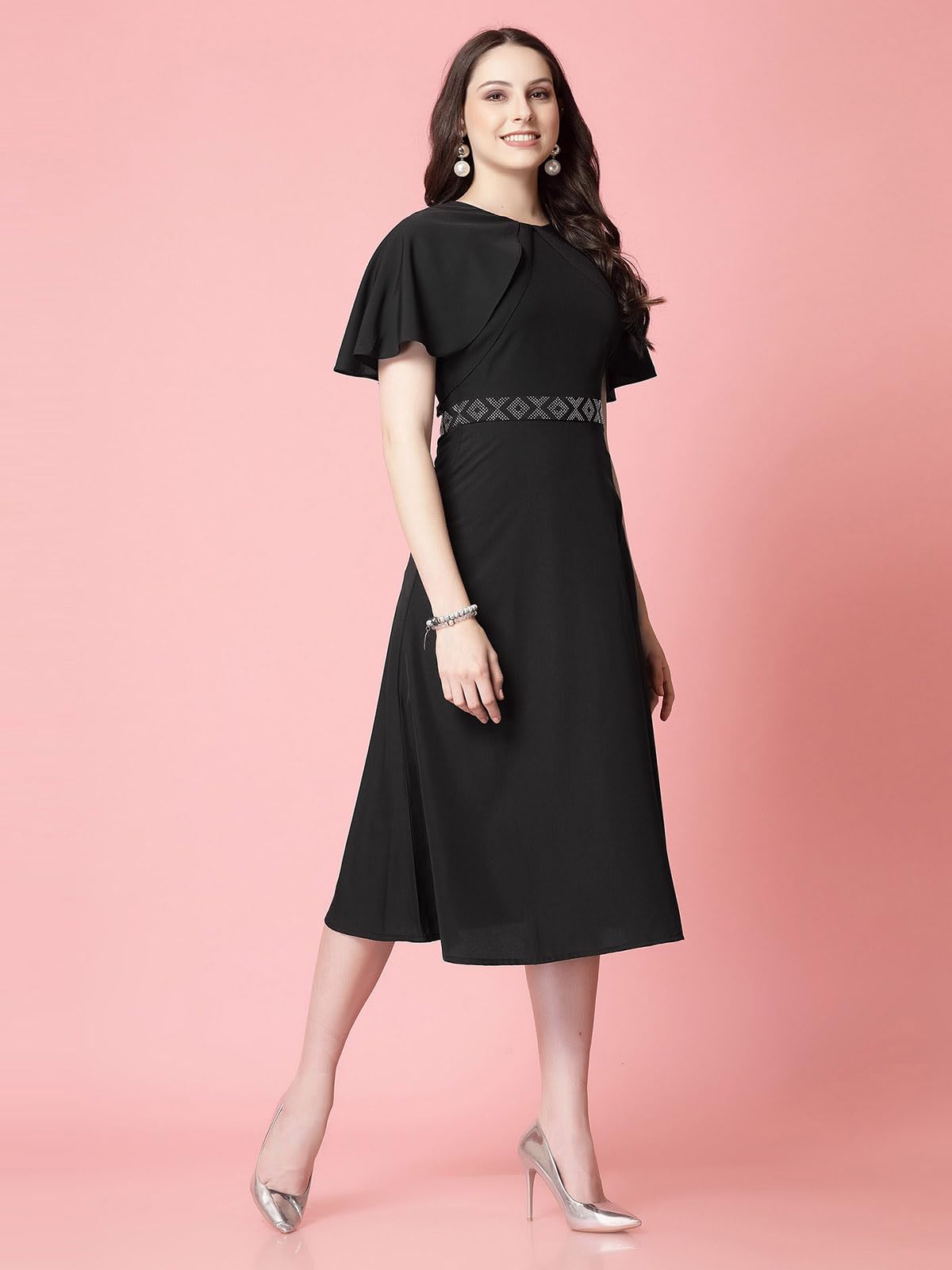 Selvia WomenS Western Dress | Stone Work Flutter Sleeve Crepe Western Dress For Women | Round Neck A-Line Dress For Women | One
