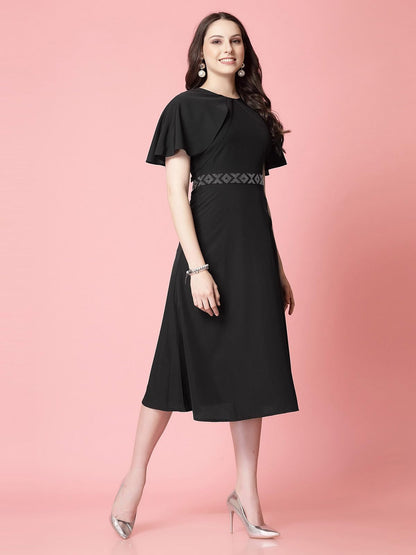 Selvia WomenS Western Dress | Stone Work Flutter Sleeve Crepe Western Dress For Women | Round Neck A-Line Dress For Women | One