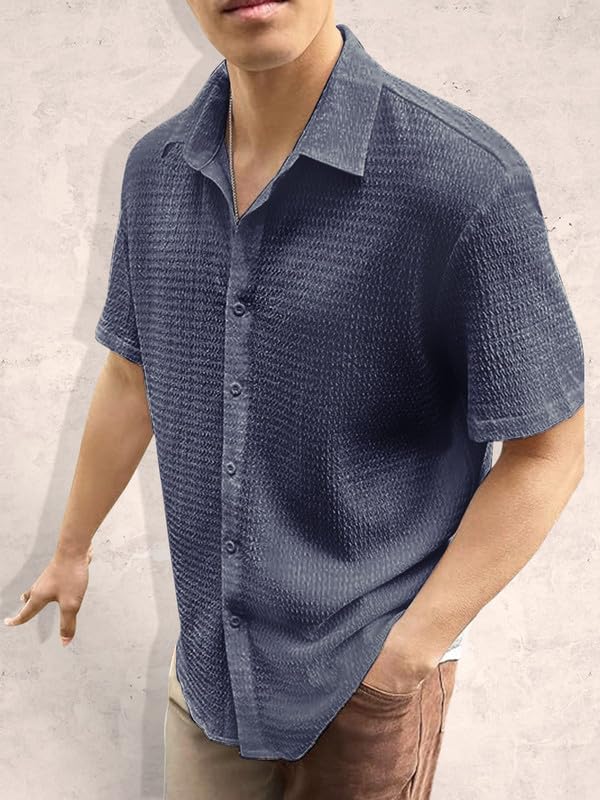 Tee Projekt Mens Popcorn Shirt Texture Pattern Mens Casual Shirt Half Sleeves Goa Beach Summer Shirt Grey