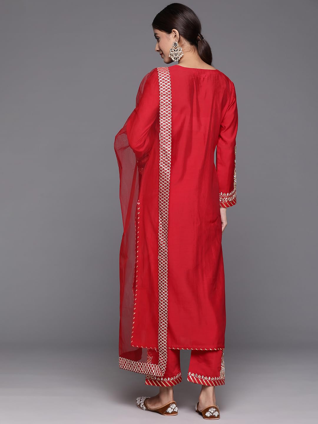Varanga Women Red Yoke Embroidered Straight Kurta Paired With Tonal Bottom And Net Dupatta With Four Side Embroidered Taping