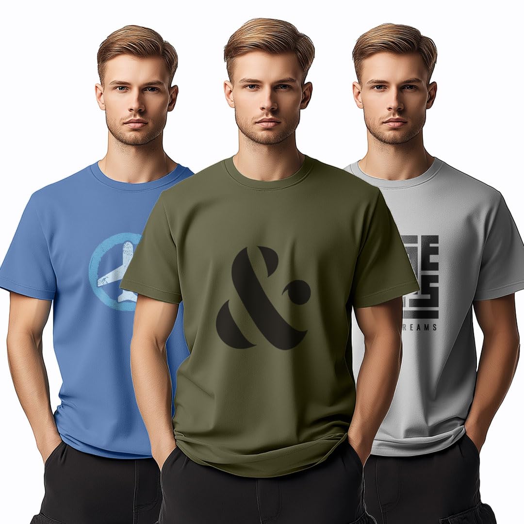 Nobero MenS Graphic Printed Regular Fit T-Shirt (1M-Twts-C0948-216X_Marine / Olive Green/Grey Melange