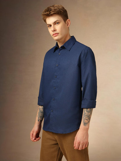 Dennis Lingo Solid Full Sleeves Spread Collar Polyester Regular Fit Men Casual Shirt Navy Blue