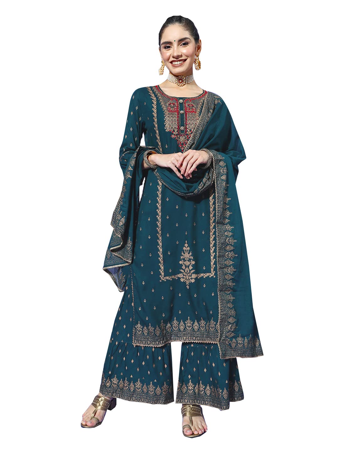 ishin Women Rayon 's Yoke Embroidered A-Line Kurta Set With Sharara And Dupatta