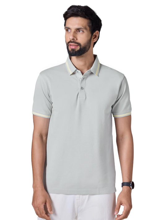 XYXX Mens Solid Cotton T-Shirt | Mercerized Pique Polo Collor Tshirts | Half Sleeves | Solid-Slim Fit | Grey Mist