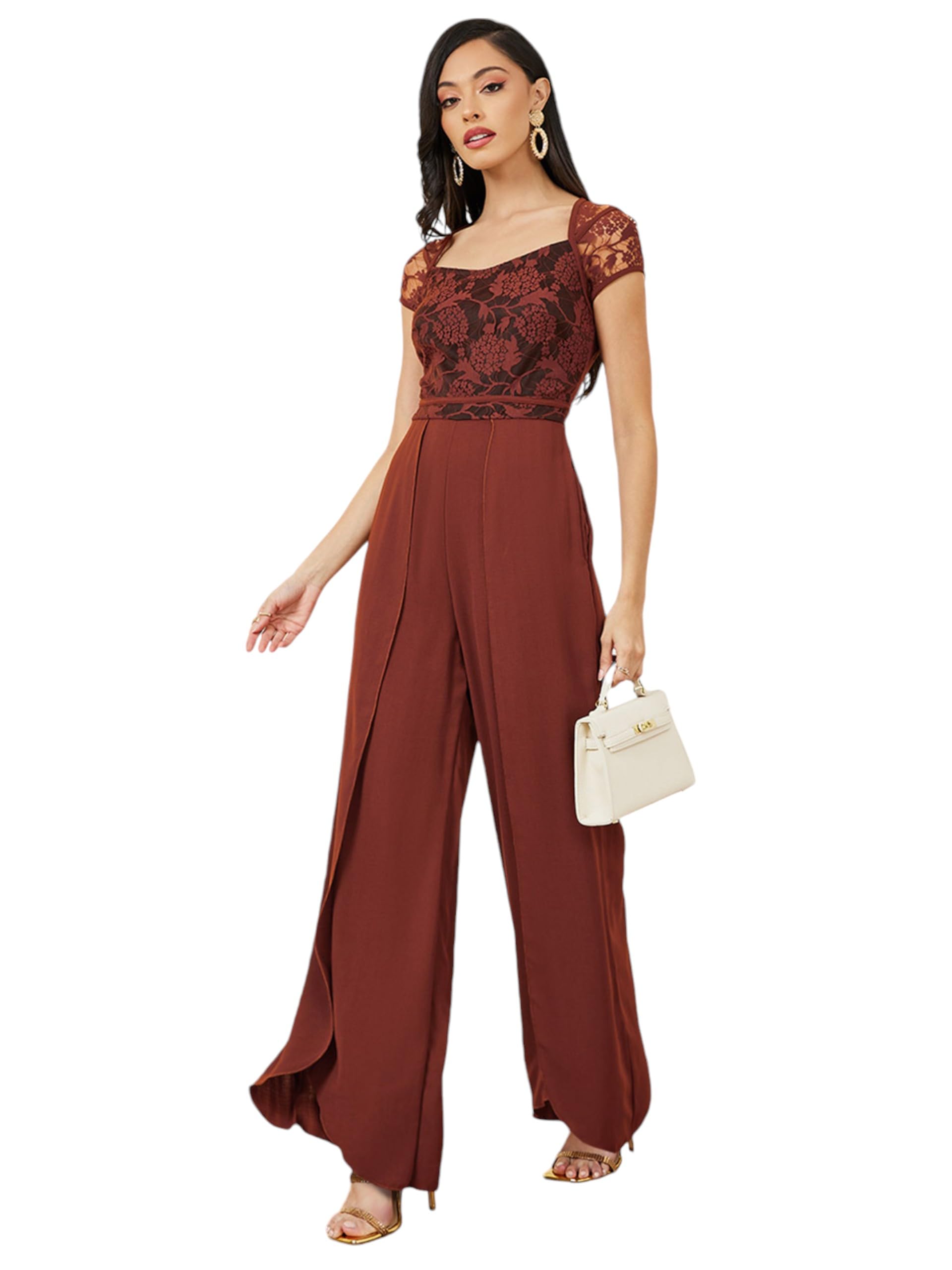 Miss Chase Womens Sweetheart Neck Raglan Sleeve Floral Lace Overlaid Crepe Jumpsuit (MCAW24D97-99-606-02, Rust, XS)