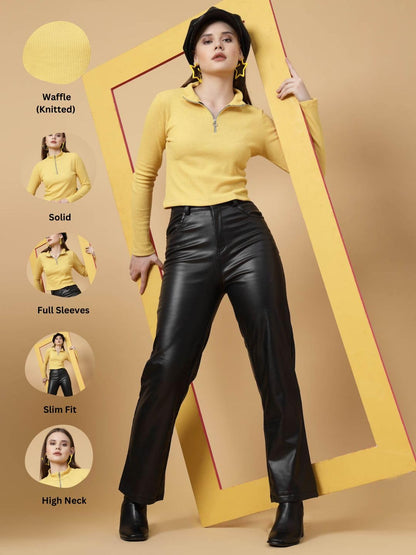 Rigo High Collar Zipper Waffle Knit Top for Women | Casual Long Sleeves Western Tops for Women