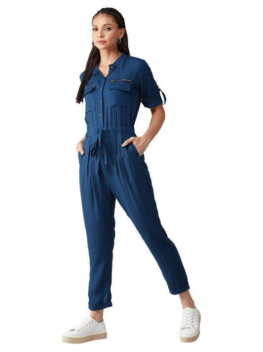 Dolce Crudo Womens Teal Blue Collared V-Neck 3/4 Sleeves Straight Leg Tie-Up Solid Belted Wrap Jumpsuit(DOSS21D04-64-83-06,Blue
