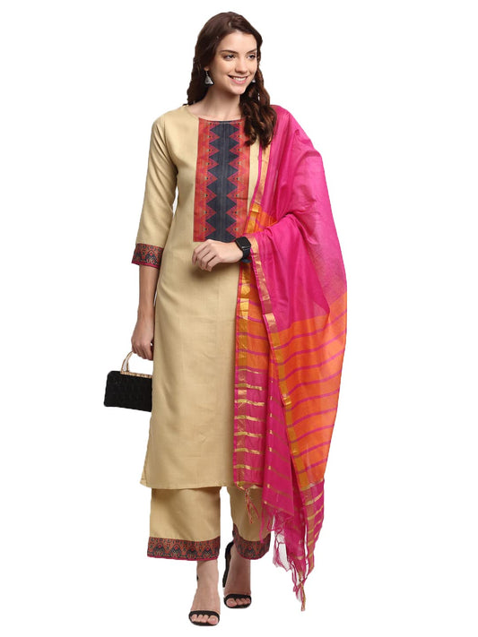Gosriki WomenS Cotton Straight Kurta And Palazzos & Dupatta (My-Hit-Beige_M_Beige_Medium)