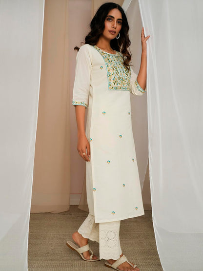 Libas WomenS Cotton Embroidered Straight Kurta (26727_Off White