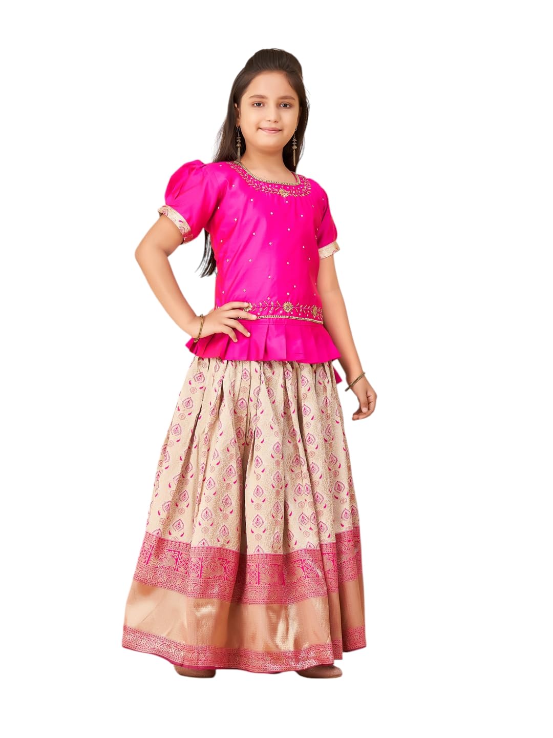 Aarika Girls Ethnic Wear Rani Colour Beads Hand Embroidery Silk Lehenga Choli Set-(3-9 Years)-(JUNE_LCH-SHM-20007-RANI-22)