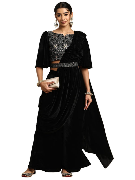 Libas WomenS Velvet Saree (34767_Black)