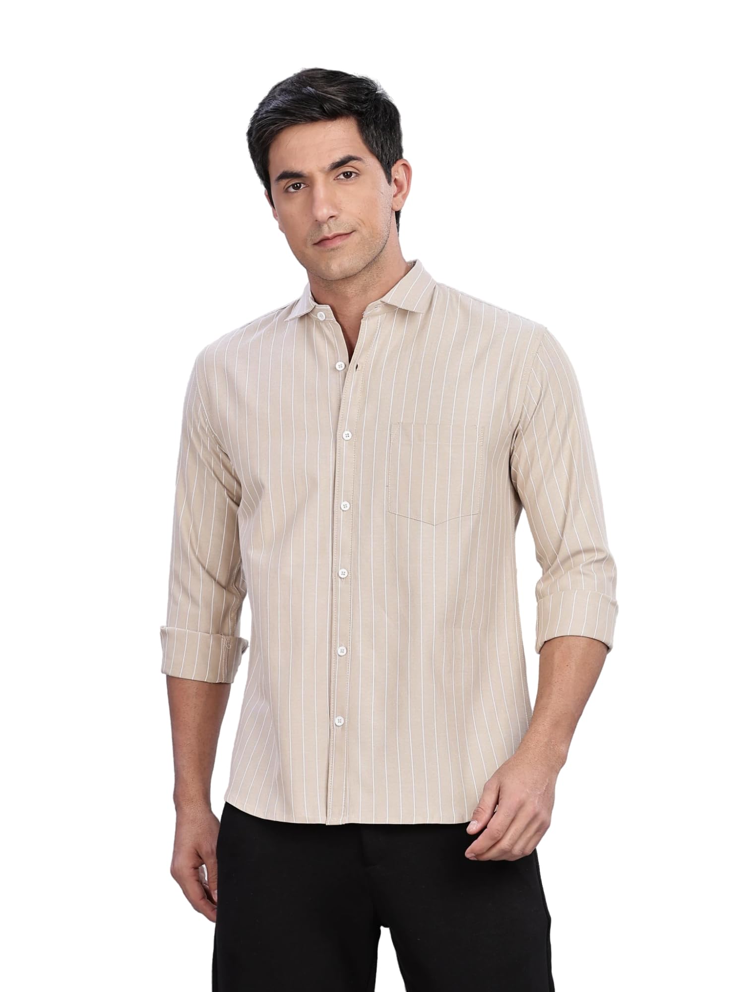 Mildin MenS Brown Pure Cotton Full Sleeve Spread Collar Regular Fit Striped Printed Formal Shirt With Patch Pocket (Brown Oxfor