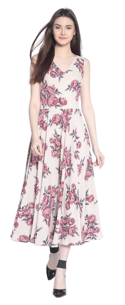 Rare Women'S Synthetic A-Line Knee-Long Dress (Ep3149B-L_Beige_L)