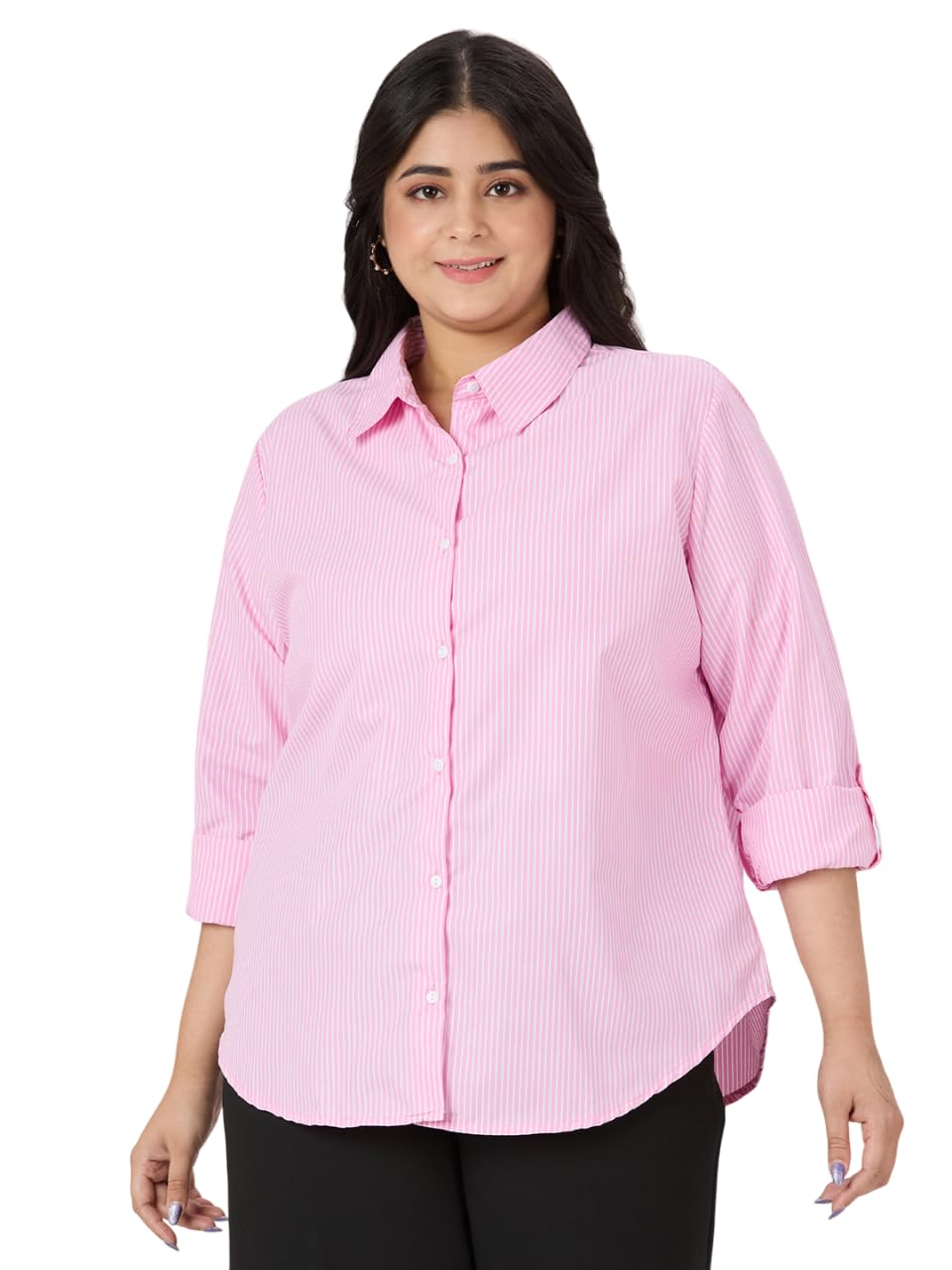 Style Quotient Plus Women Pink and White Stripe Polycotton Formal Shirt