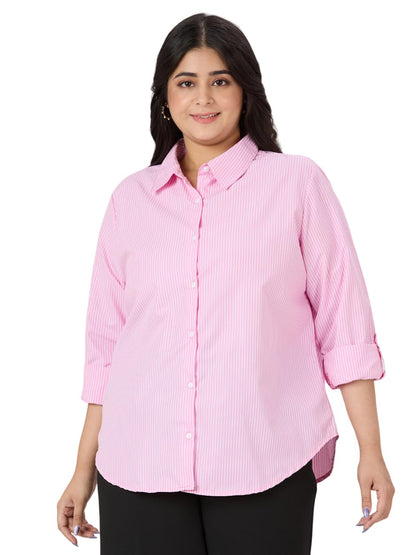 Style Quotient Plus Women Pink and White Stripe Polycotton Formal Shirt
