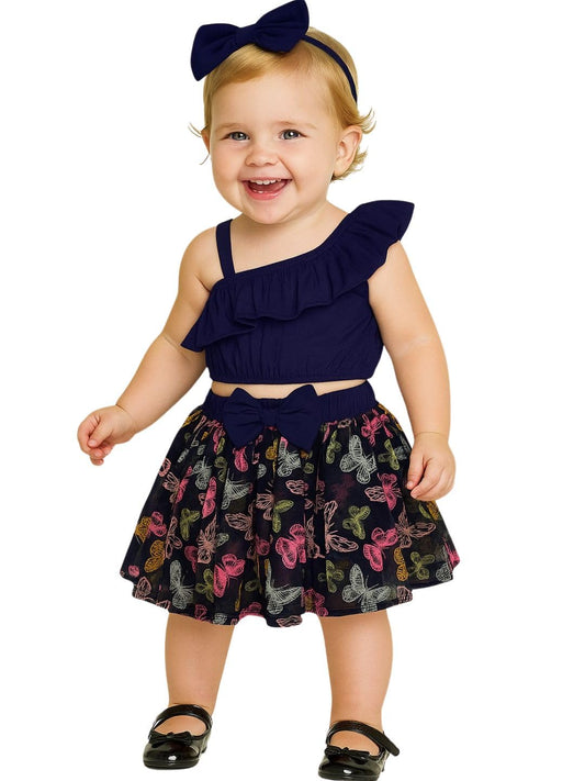 A.T.U.N. (ALL THINGS UBER NICE) Baby Girls One Shoulder Crop Top with Printed Skirt & Matching Headband | 3 Piece Outfit Set
