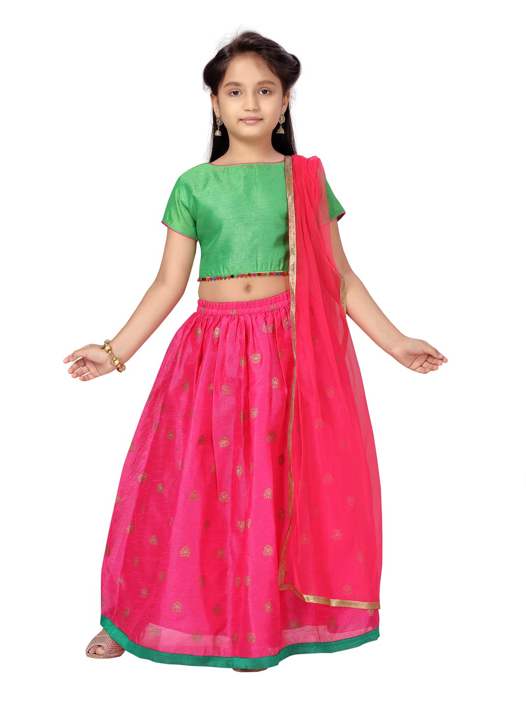 Aarika Girl'S Silk Lehenga Choli Set (Lch-22127_Green-Rani_9-10 Years)