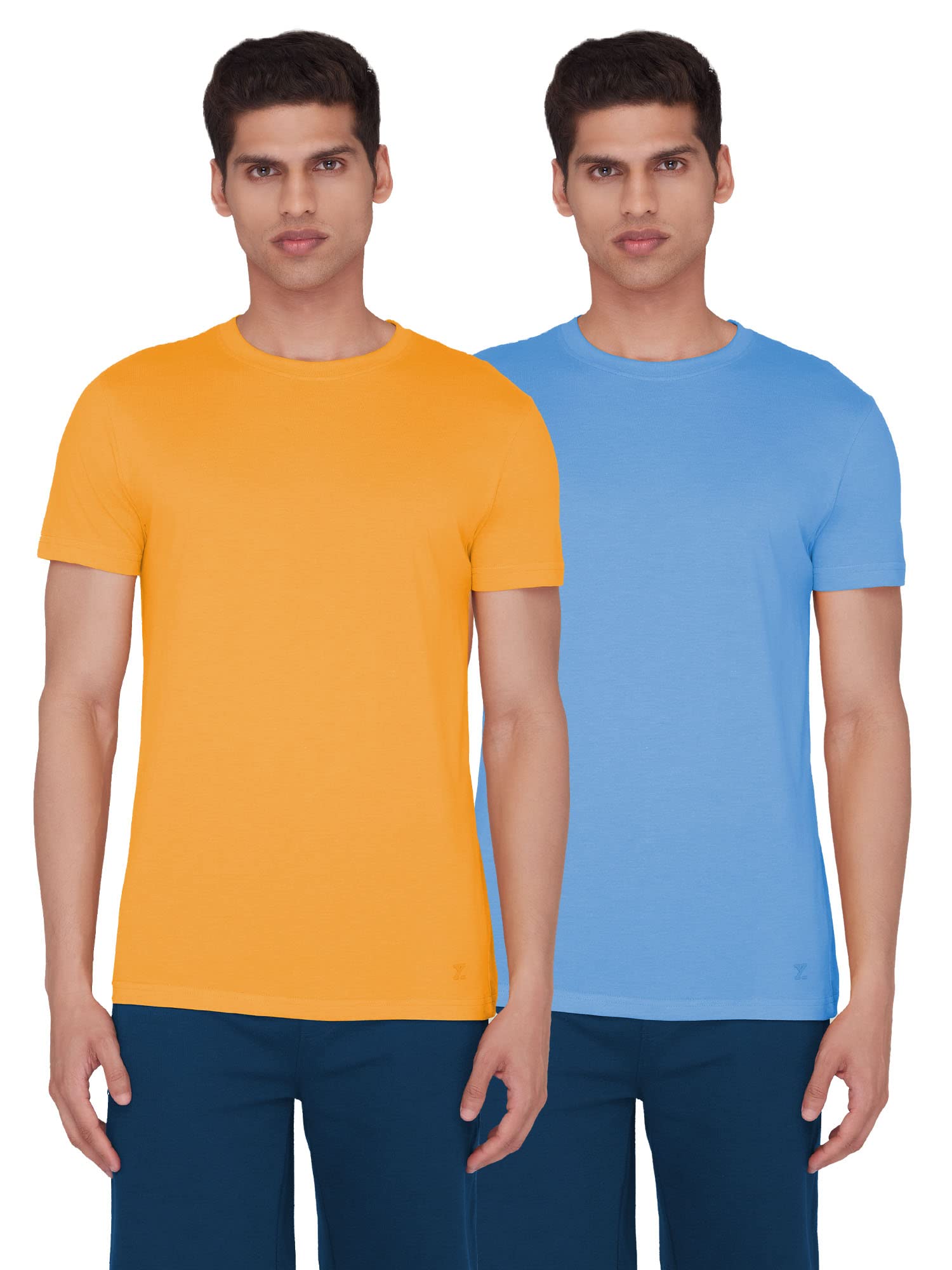 XYXX Mens Round Neck Relaxed Fit Code Tshirt - Cotton-Rich, N9 Silver Finish, High Moisture Absorption - Pack of 2 (Azure Blue +